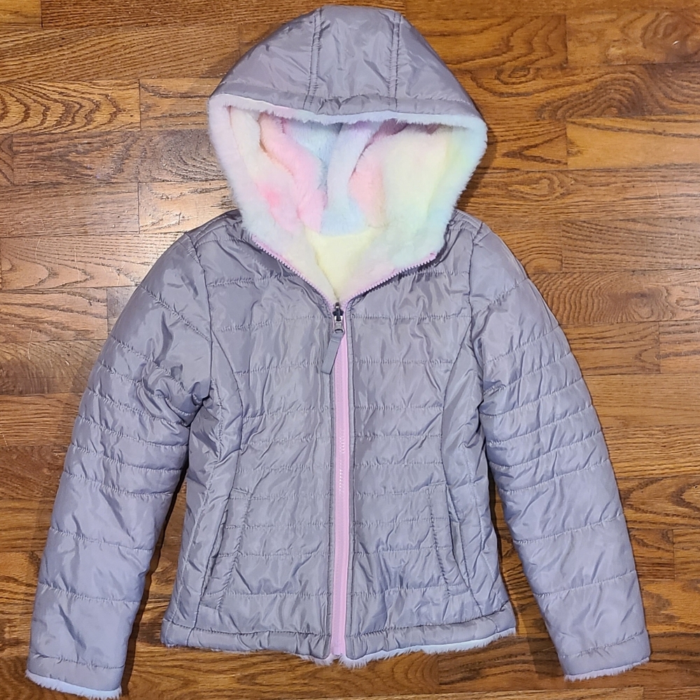 Like NEW Girls 7/8 SO Reversible Faux-Fur Quilted Puffer Jacket